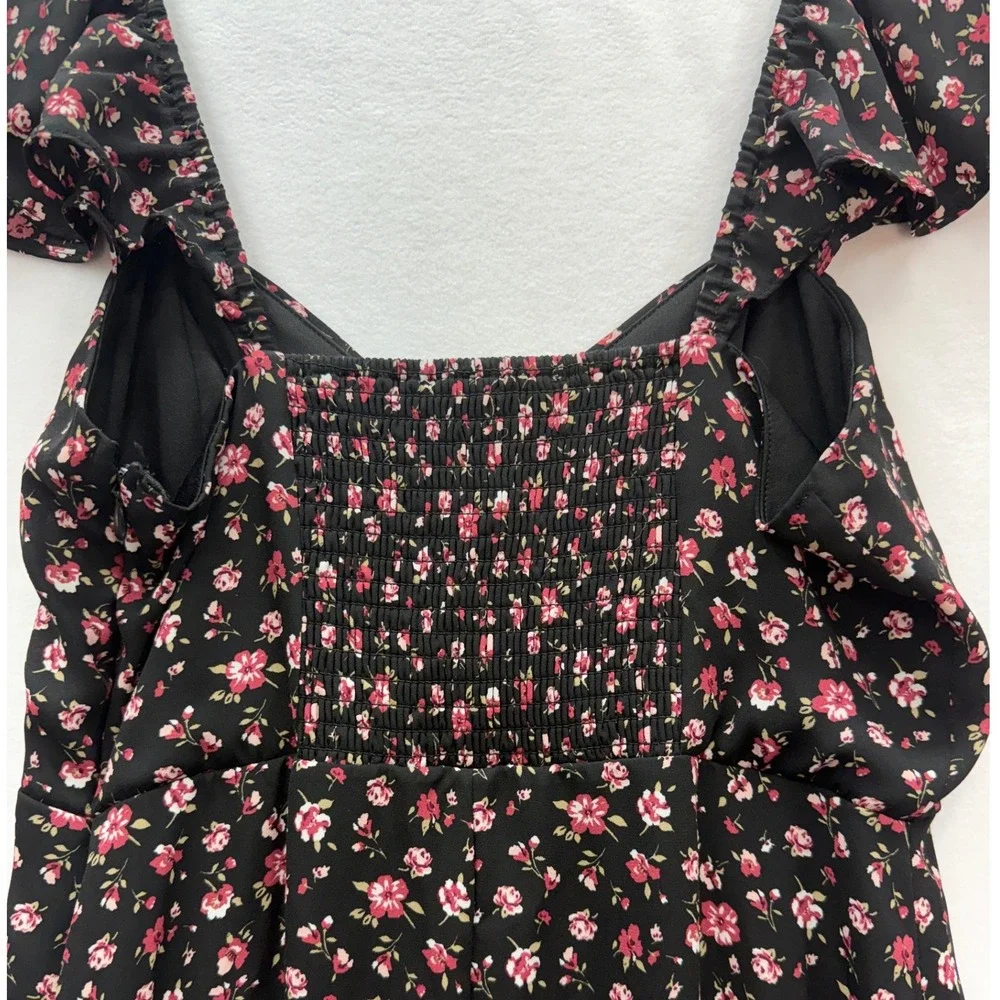 Lola Grace Floral Midi Dress Womens Medium Black Pink Flutter Sleeve Cottagecore